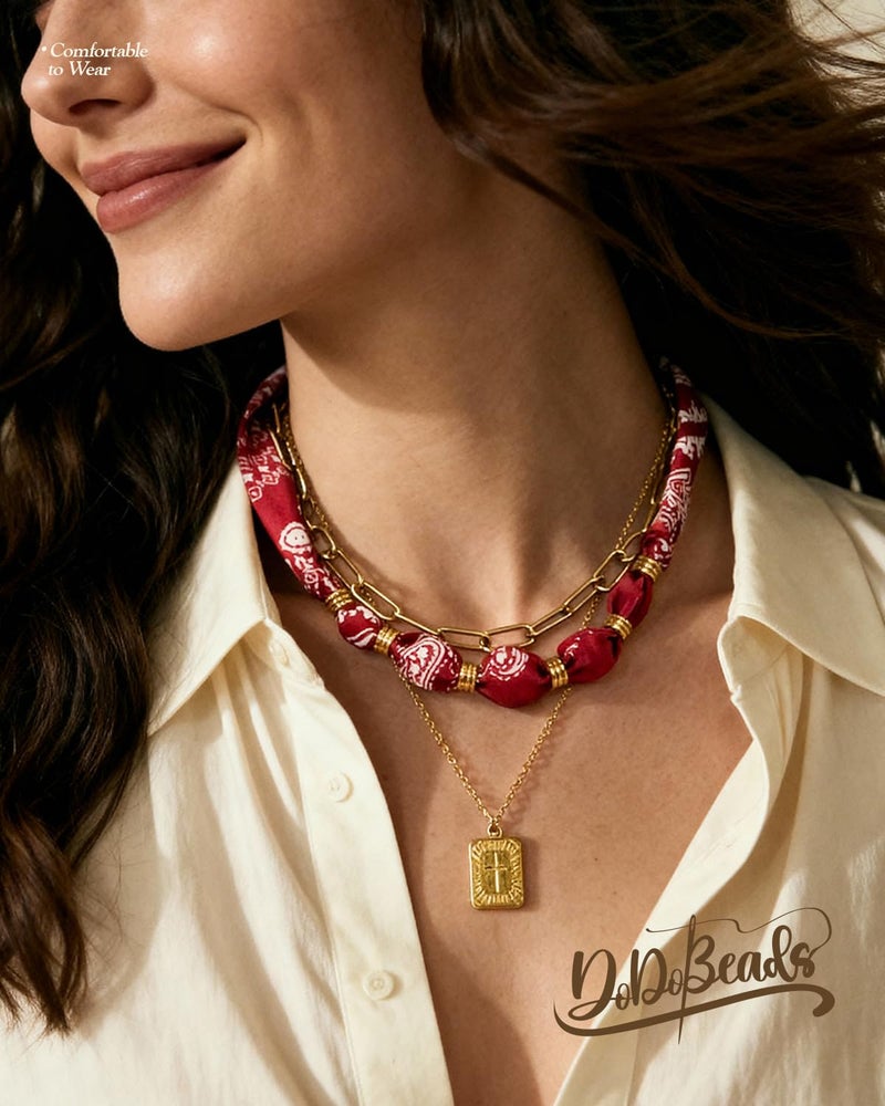 DoDoBeads Layered Scarf Necklace for Women â€“ Red Bandana Satin with Gold Paperclip Chain, Rectangular Medallion Pendant, Adjustable Extender Choker/Necklace, Fashion Jewelry Gift - Image 2
