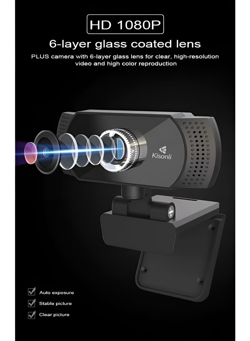Kisonli PC-2 Full HD 1080P Webcam with Built-in Microphone and USB Plug & Play - Black - Image 4