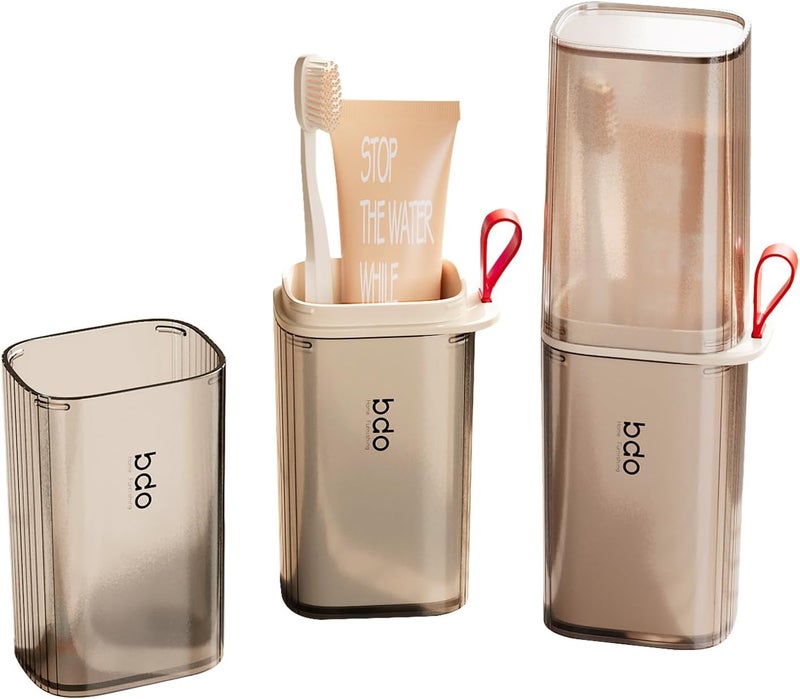 SHOTAY Toothbrush Travel Case, 2 in 1 Toothbrush Holder and Rinse Cup, Large Capacity Toothbrush Cup with Cover, Portable Travel Toothbrush Holder for Traveling, Camping, Trip - Light Beige - 1pcs - Image 1