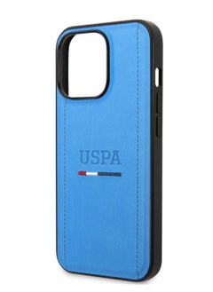U.S.Polo iPhone 14 Pro Max PU Leather Case with Tricolor Stitches & Initials - Blue  - Image 1