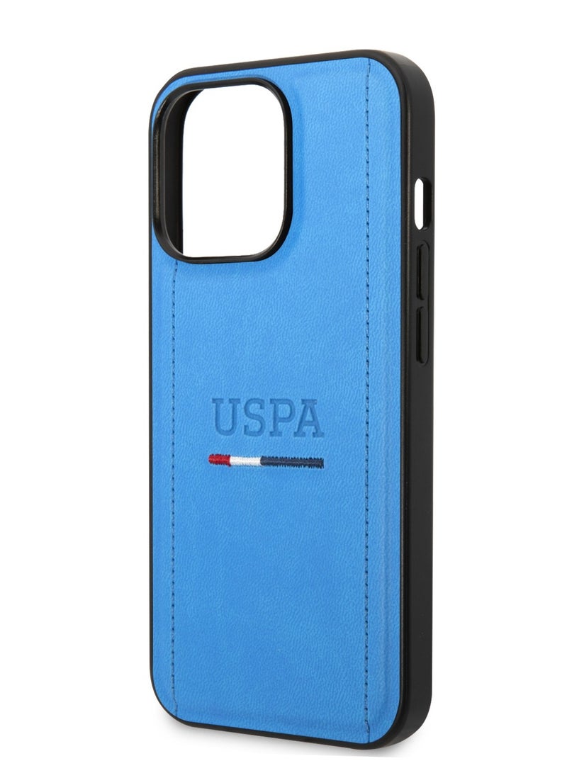 U.S.Polo iPhone 14 Pro Max PU Leather Case with Tricolor Stitches & Initials - Blue - Image 1
