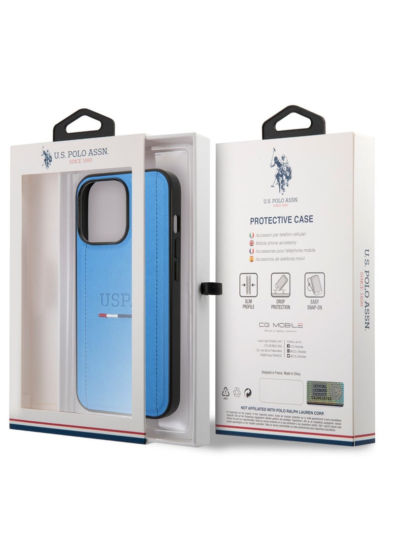 U.S.Polo iPhone 14 Pro Max PU Leather Case with Tricolor Stitches & Initials - Blue - Image 5
