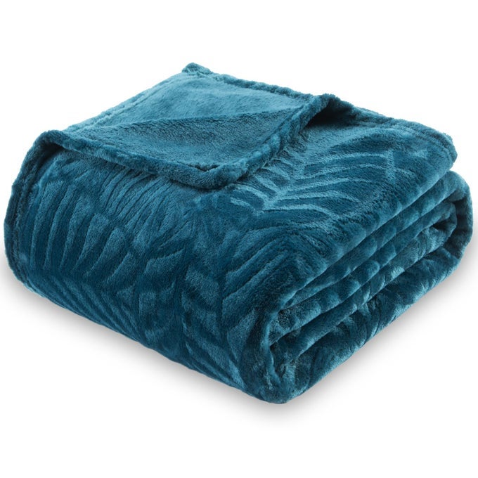SUPER SOFT FLANNEL FLEECE THROW BLANKET LIGHTWEIGHT COZY WARM LEAVES TEXTURED PLUSH BLANKET FOR BED COUCH SOFA 50 X 60 INCHES BLUE CORAL