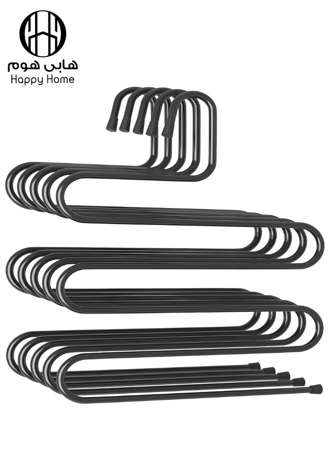 Happy Home 4 Pack Pants Hangers S Shaped Non Slip Trouser Hanger Stainless Steel S-Shape 5-Tier Clothes Hanger, Closet Space Saving, Hangers Closet Storage Organizer for Pants, Jeans, Scarves, Towels Hanging -Black - Image 1