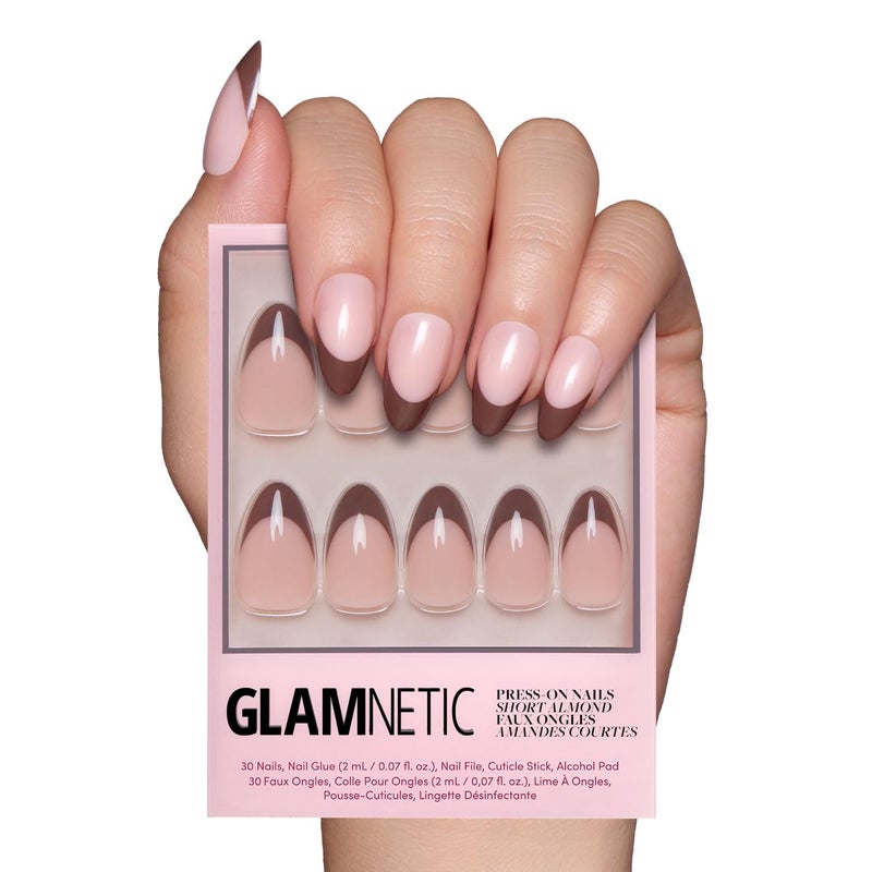 Glamnetic Press On Nails Chocolat SemiTransparent Dark Brown French Tip Short Almond Fake Nails in a Glossy Finish Salon Quality 15 Sizes 30 Nail Kit - Image 3
