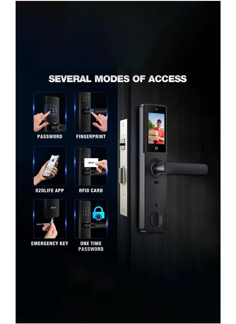 areb - Arib Smart Lock with Camera and Wi Fi Control Screen offering Fingerprint PIN Code IC Card and Emergency Key unlocking options It features advanced security and smart access management for homes and offices with a built in camera and remote control app - Image 1