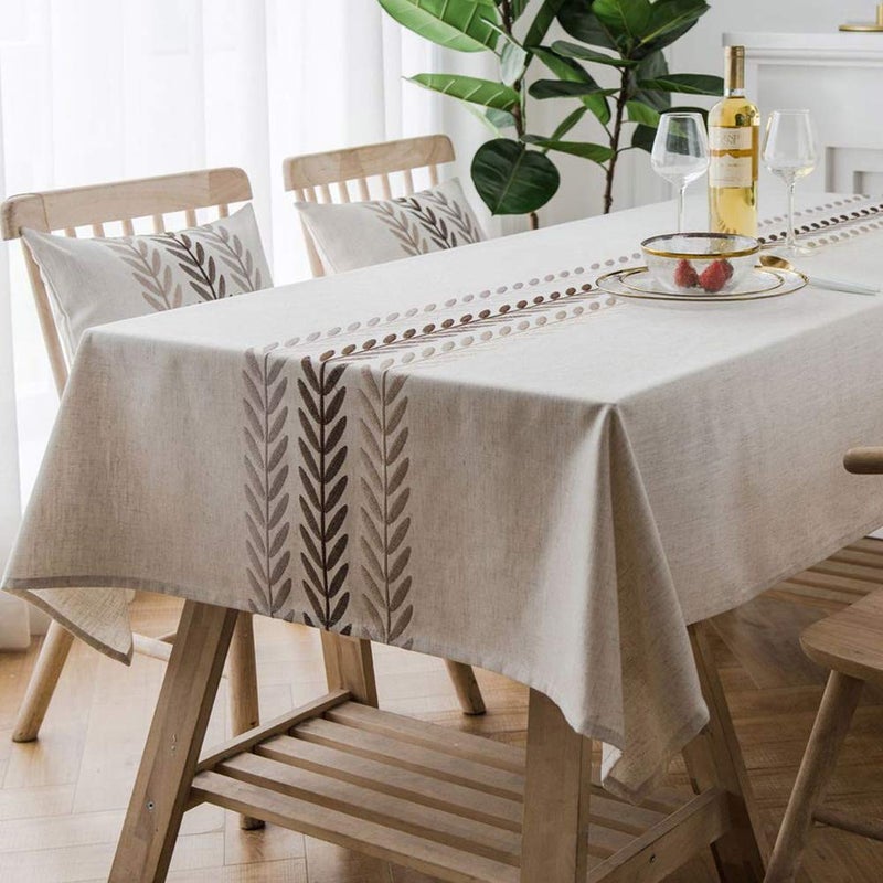 AMZALI Elegant Embroidery SpillProof WaterProof Resistance Table Cloth Wrinkle Free Heavy Weight Cotton Linen Tablecloth Fabric Cover for Outdoor and Indoor Rectangle53 x 87 Inch