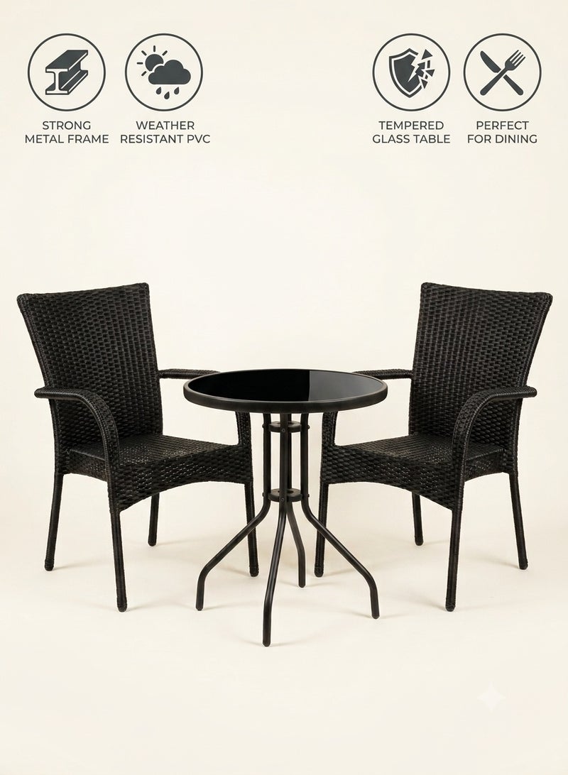 3-Piece Outdoor Bistro Set with Tempered Glass Table and Weather-Resistant Rattan Chairs – Black - Image 1