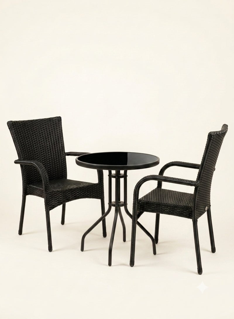 3-Piece Outdoor Bistro Set with Tempered Glass Table and Weather-Resistant Rattan Chairs – Black - Image 2
