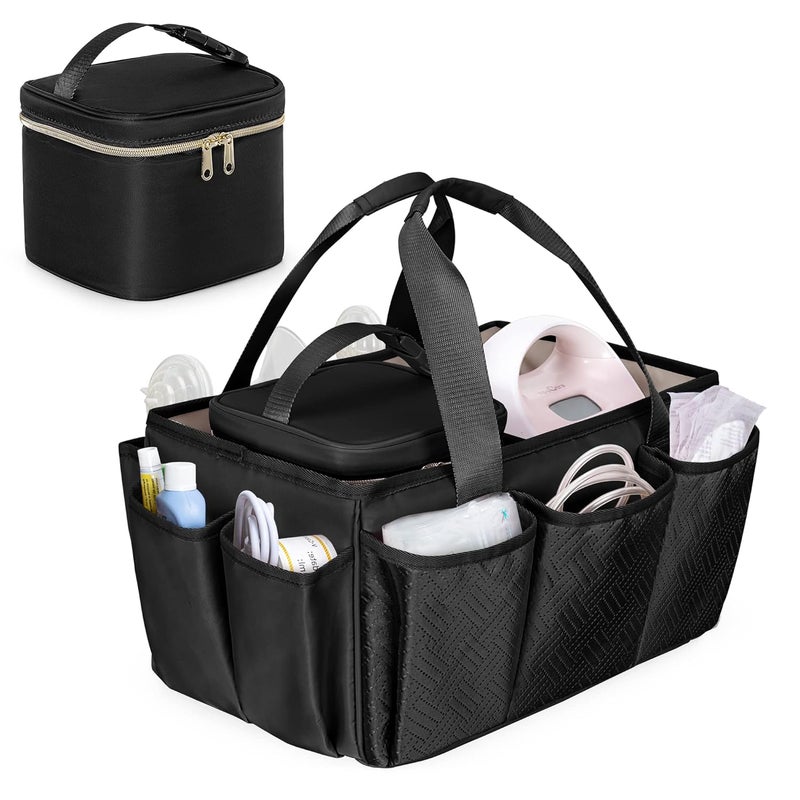 Fasrom Breast Pump Caddy Organizer Bag with Cooler Compatible with Spectra S1 and S2 Pumping Tote Bag Baby Diaper Storage Basket to Hold Pump Parts and Baby Items Black Patent Design - Image 1