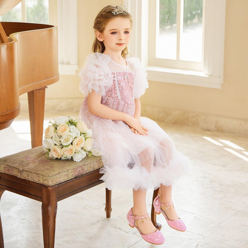 Furdeour Princess Shoes Girls Sparkly High Heels for Girl 4-6 Glitter Heels Sandals Pink Little Kid Fancy Shoes Dress Up Flower Girl Heels Size 13 Wedding (2902Pinkbrilliant 13) - Image 3