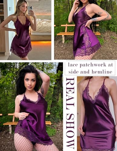 Avidlove Women Lingerie Satin Lace Chemise Nightgown Sexy Full Slips Sleepwear (Large, Dark Purple) - Image 5