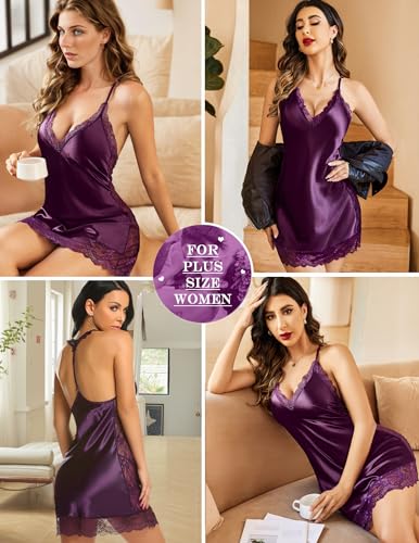 Avidlove Women Lingerie Satin Lace Chemise Nightgown Sexy Full Slips Sleepwear (Large, Dark Purple) - Image 4