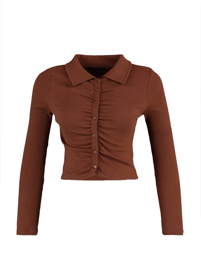 trendyol - Brown Fitted Crop Polo Neck Ribbed Cotton Stretch Knitted Blouse TWOAW23BZ00130 - Image 1