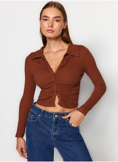 Brown Fitted Crop Polo Neck Ribbed Cotton Stretch Knitted Blouse TWOAW23BZ00130