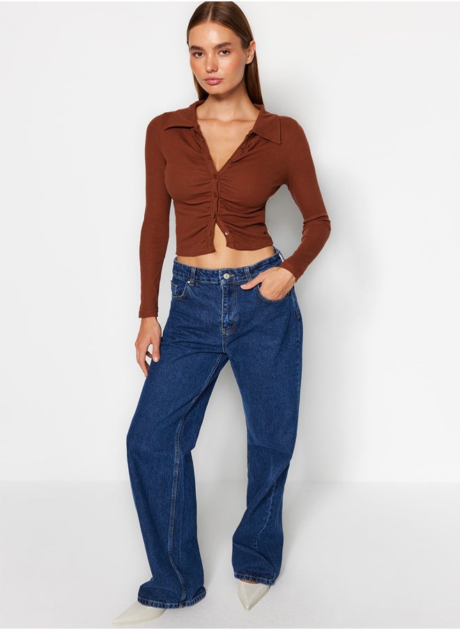 trendyol - Brown Fitted Crop Polo Neck Ribbed Cotton Stretch Knitted Blouse TWOAW23BZ00130 - Image 1