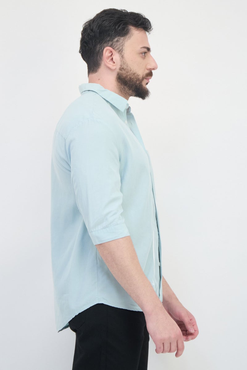 SELECTED Men Drop Shoulder Fit Elbow Sleeves Stripe Casual Shirt, Blue  - Image 2