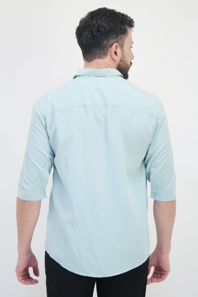 SELECTED Men Drop Shoulder Fit Elbow Sleeves Stripe Casual Shirt, Blue  - Image 3