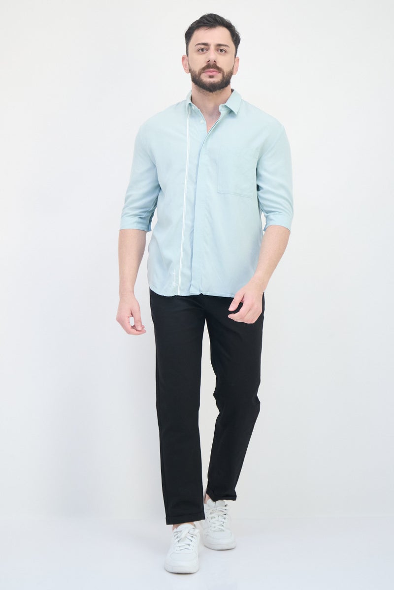 SELECTED Men Drop Shoulder Fit Elbow Sleeves Stripe Casual Shirt, Blue  - Image 4