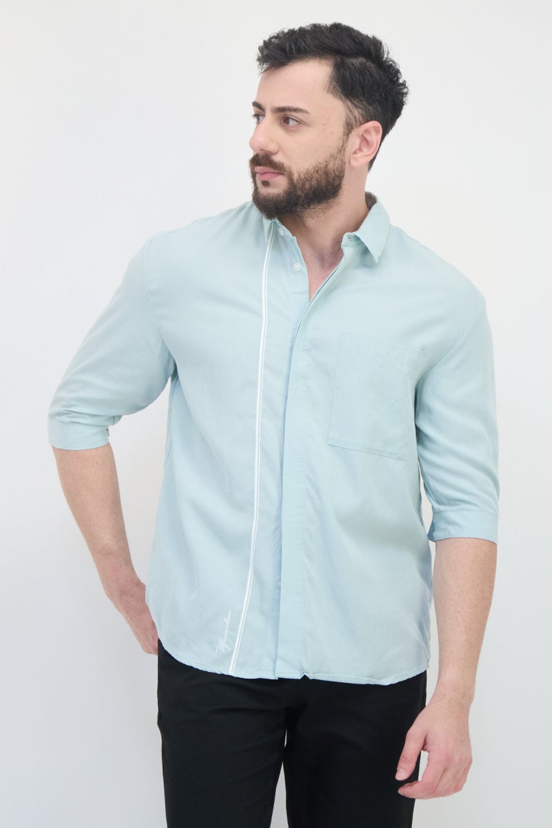 SELECTED Men Drop Shoulder Fit Elbow Sleeves Stripe Casual Shirt, Blue  - Image 1