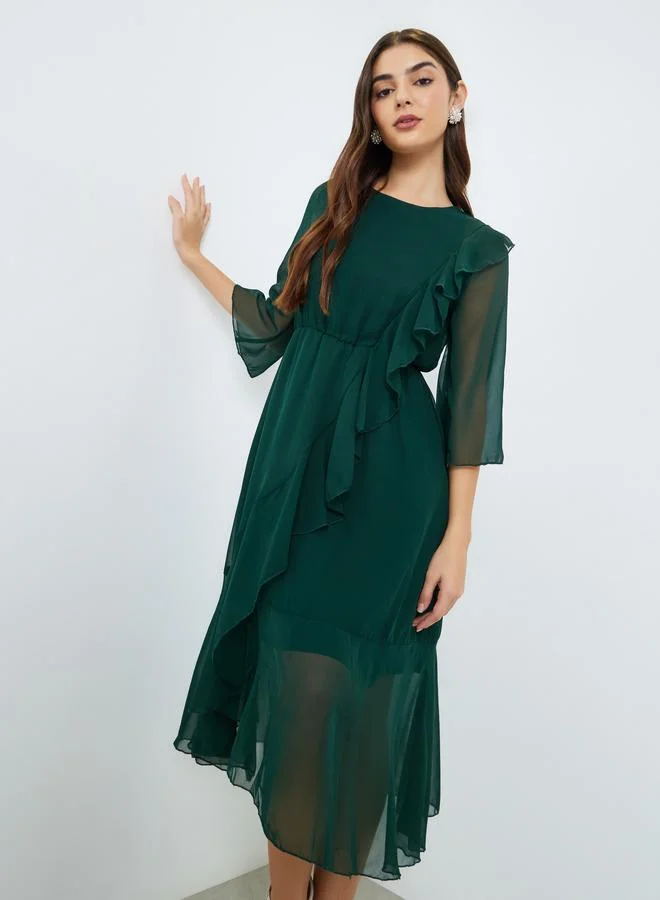Green A-Line Midi Dress with Ruffle Detail