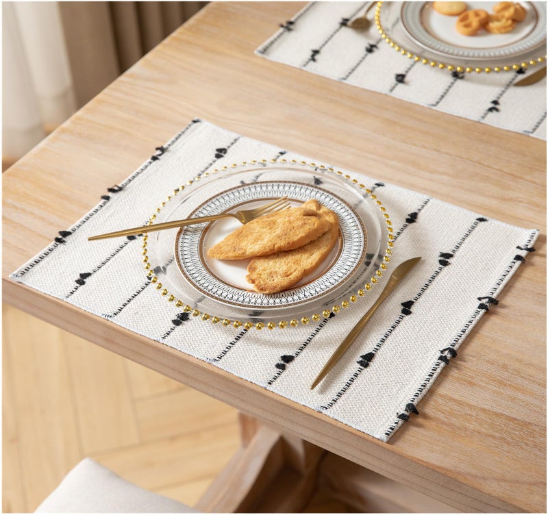 Caflife Boho Placemats Set of 6 for Dining Table Decor, Woven Cloth Place Mats for Farmhouse Rustic Kitche Home Decor, Cotton Placemats 13 x 19 Inch, Black and Beige Table mats - Image 1