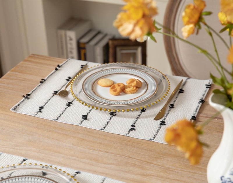 Caflife Boho Placemats Set of 6 for Dining Table Decor, Woven Cloth Place Mats for Farmhouse Rustic Kitche Home Decor, Cotton Placemats 13 x 19 Inch, Black and Beige Table mats - Image 2