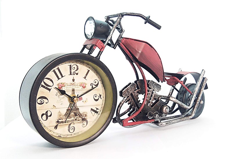 Zahab Vintage Motorbike Shape Junk And Rusted Look Tabletop Clock For Home Decor/Living Room/Desk Clock For Office/Showpiece For Gifting - Analog, Metal, 6 Inch - Image 1