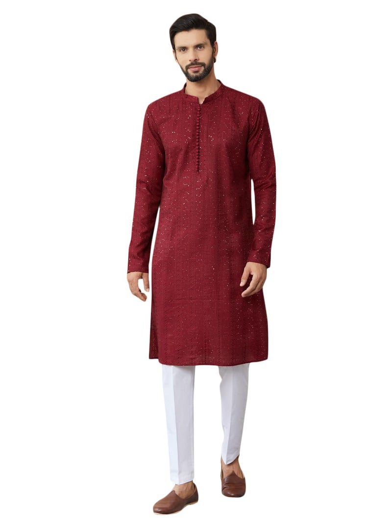 See Designs Men's Long Sleeve Mandarin Collar Side Slit Dark Maroon Embroidered Thread Work Sequinned Chanderi Silk Straight Kurta - SDKT2514S - Image 1