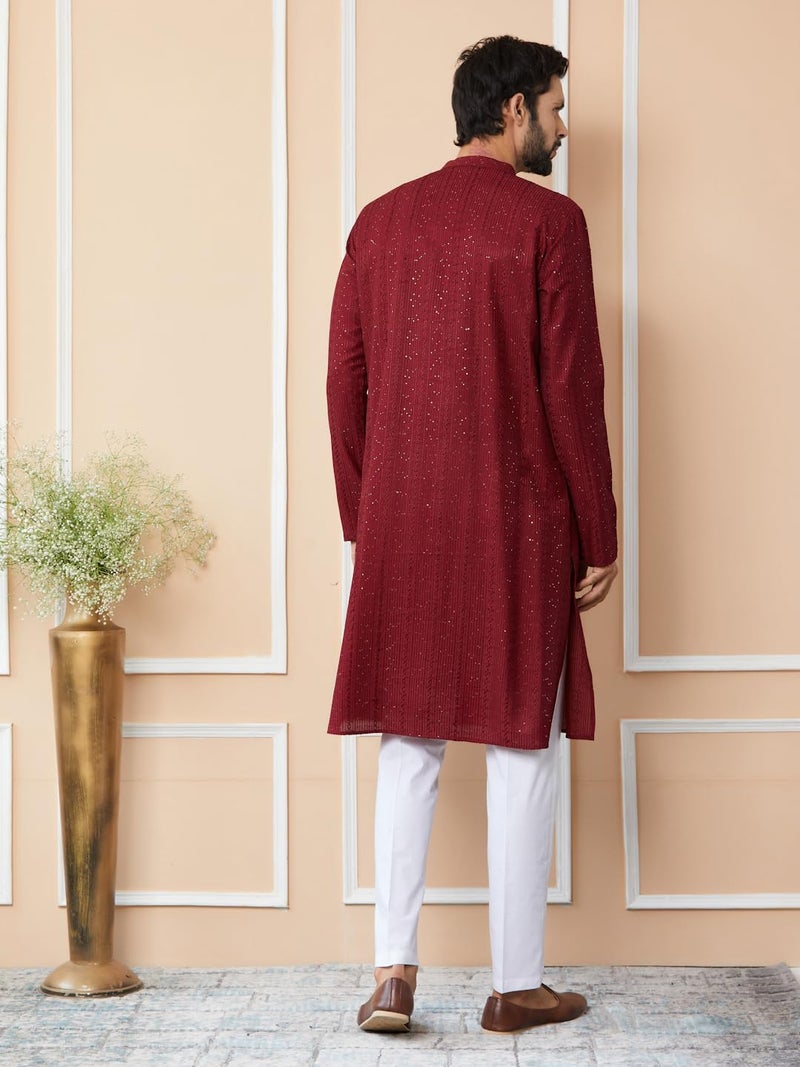 See Designs Men's Long Sleeve Mandarin Collar Side Slit Dark Maroon Embroidered Thread Work Sequinned Chanderi Silk Straight Kurta - SDKT2514S - Image 3