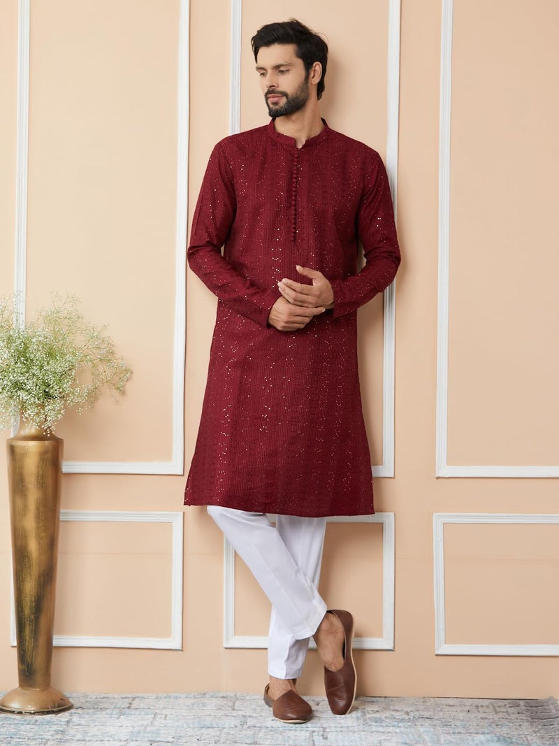 See Designs Men's Long Sleeve Mandarin Collar Side Slit Dark Maroon Embroidered Thread Work Sequinned Chanderi Silk Straight Kurta - SDKT2514S - Image 2