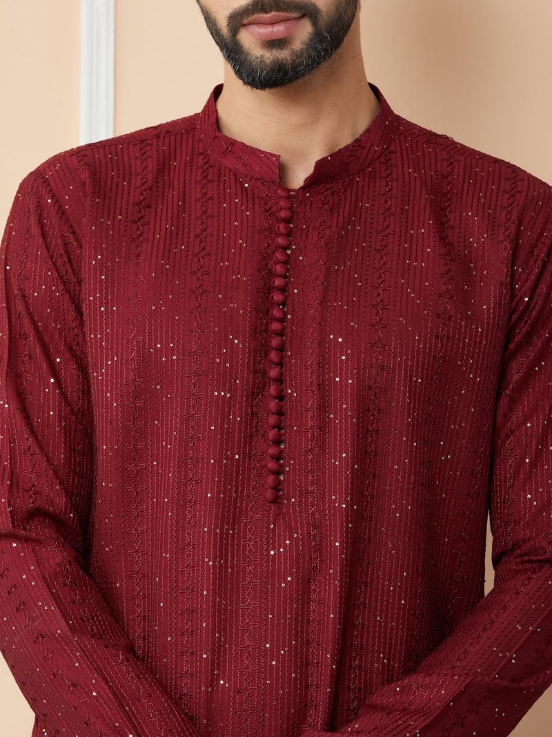 See Designs Men's Long Sleeve Mandarin Collar Side Slit Dark Maroon Embroidered Thread Work Sequinned Chanderi Silk Straight Kurta - SDKT2514S - Image 4