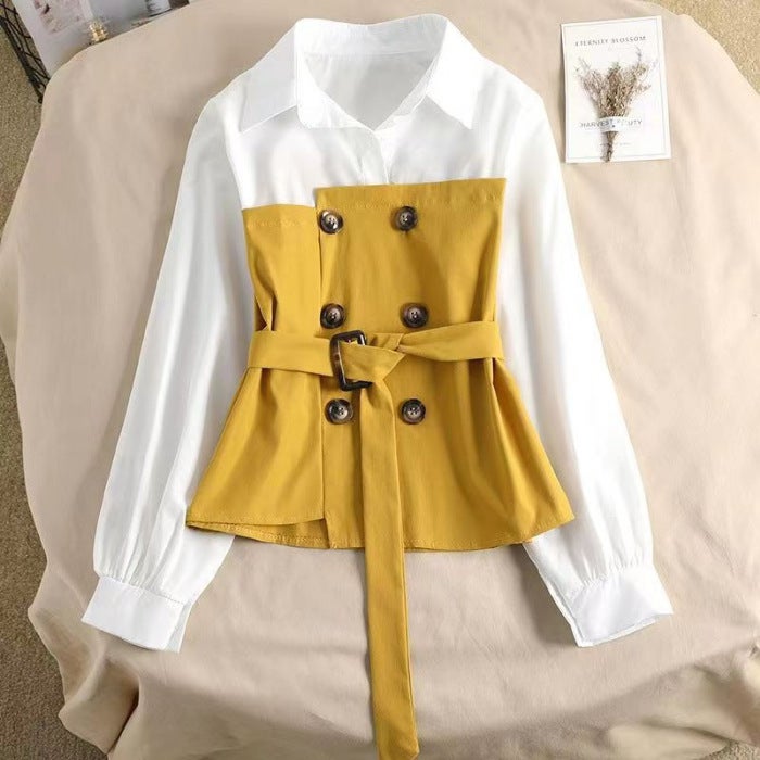 MG Elephant New Ladies Boutique Small Stitching POLO Collar Irregular Hem Lace-up Waist Long Sleeve Shirt Yellow - Image 1