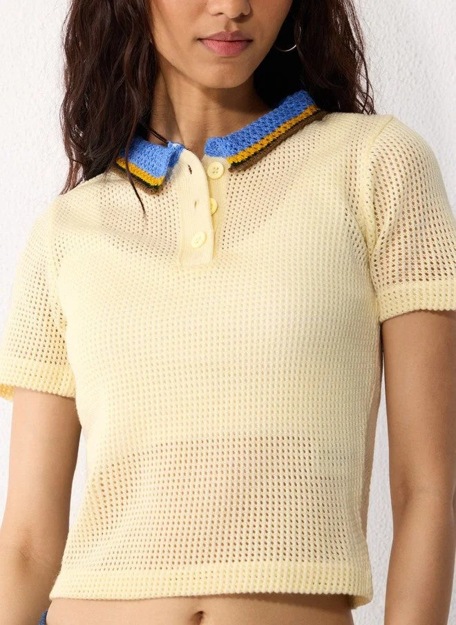 The Souled Store  The Souled Store Women Regular Fit Self Design Cream Polo T-Shirt  | Best Price UAE