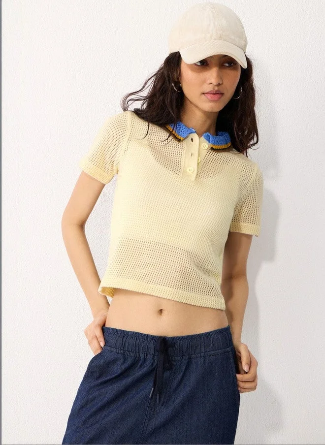 The Souled Store  The Souled Store Women Regular Fit Self Design Cream Polo T-Shirt  | Best Price UAE