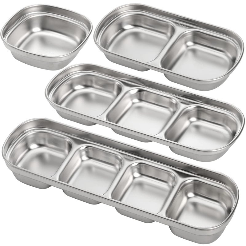 SOUJOY 4 Pcs Stainless Steel Divided Seasoning Sauce Dip Bowl 1234 Compartment Korean Ketchup Sauce Bowl Vinegar Soy Spice Condiment Tray for Home Restaurant