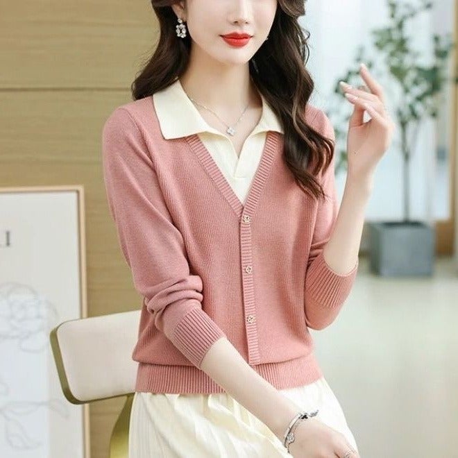 Spring Autumn Flip Collar Fashionable Two-piece Top Knitted Base Spring Season Shirt Trendy Thin Version Autumn 2281 pink