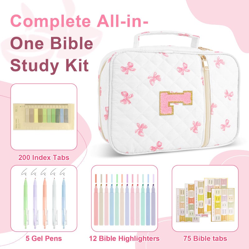 Iqimott Personalized Initial Bible Cover Case for Women Girls Kid - Large Quilted Bible Case with Handle, Stylish Chenille Letter Bag Study Supplies, Perfect Christmas Gifts for Christians Women (Pink Bow-L) - Image 3