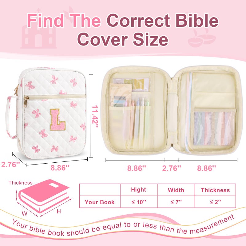 Iqimott Personalized Initial Bible Cover Case for Women Girls Kid - Large Quilted Bible Case with Handle, Stylish Chenille Letter Bag Study Supplies, Perfect Christmas Gifts for Christians Women (Pink Bow-L) - Image 2