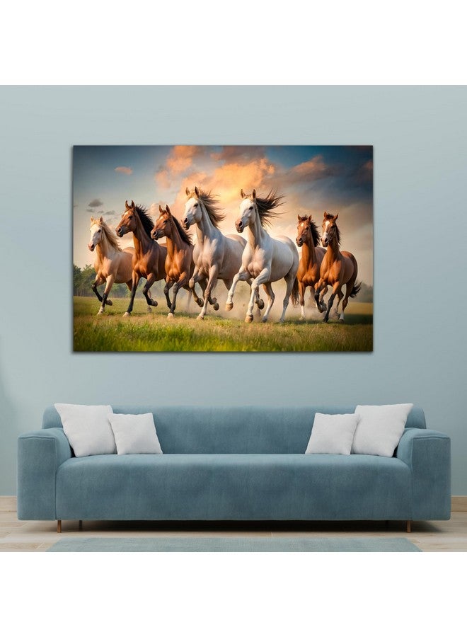 Rousrie Rousrie Big Size Premium Canvas 7 Running Horses Painting As Per Vastu | Best For Wall Decoration Of Living Room | Wooden Canvas Printed Premium Collection (Design 2, 20 x 30 Inch, Unframed) - Image 1
