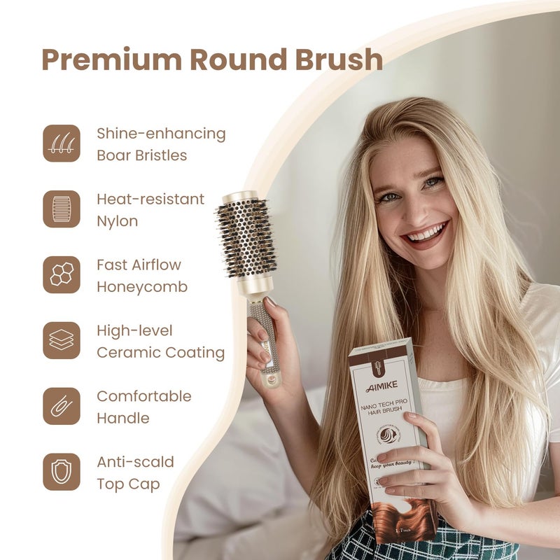 AIMIKE Round Brush for Blow Out, Medium Round Hair Brush Nano Thermal Ceramic & Ionic Tech, for Blow Drying & Styling, Curling and Shine - 2.9 inch Barrel w/Boar Bristles - Image 2