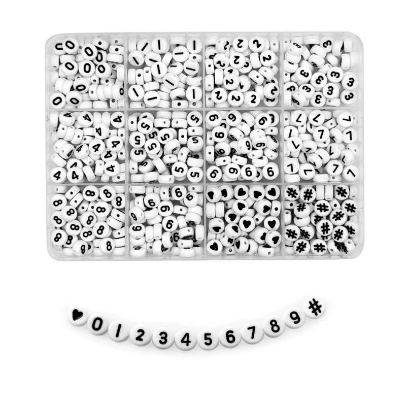 Amaney 600pcs Number Beads 09 Symbol  Heart Beads 7x4mm White Acrylic Beads with Storage Box