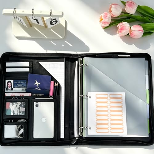 KLLVE Clipboard with Storage for Men Women, Leather Padfolio Portfolio with Zipper, 1 Inch 3 Ring Binder 5 Dividers, Notepad for Letter Size, Elastic Closure and Pen Loop, Card Slot Black - Image 4