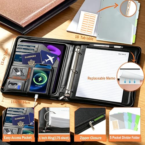KLLVE Clipboard with Storage for Men Women, Leather Padfolio Portfolio with Zipper, 1 Inch 3 Ring Binder 5 Dividers, Notepad for Letter Size, Elastic Closure and Pen Loop, Card Slot Black - Image 2