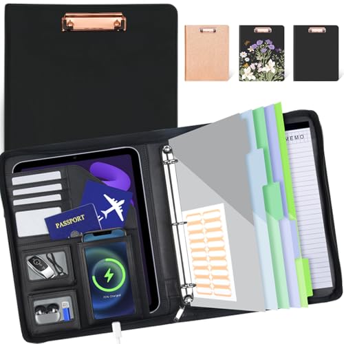 KLLVE Clipboard with Storage for Men Women, Leather Padfolio Portfolio with Zipper, 1 Inch 3 Ring Binder 5 Dividers, Notepad for Letter Size, Elastic Closure and Pen Loop, Card Slot Black - Image 1
