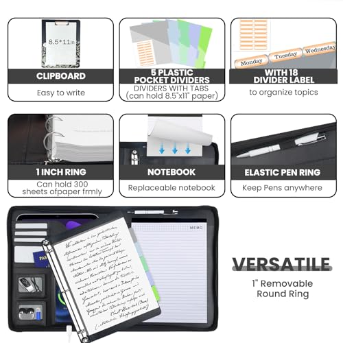 KLLVE Clipboard with Storage for Men Women, Leather Padfolio Portfolio with Zipper, 1 Inch 3 Ring Binder 5 Dividers, Notepad for Letter Size, Elastic Closure and Pen Loop, Card Slot Black - Image 3