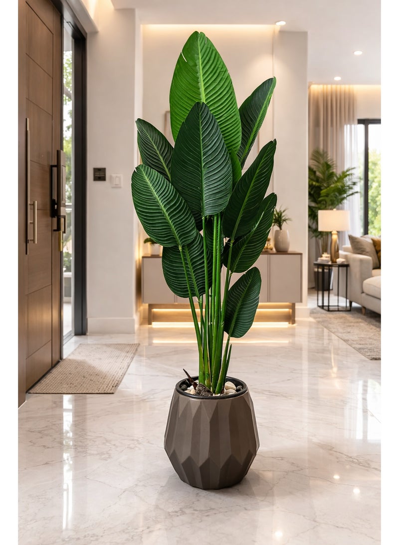 نبات اوجستا ديكور صناعي طويل داخلي في أصيص أرضي عصري – شجرة زينة فاخرة للمداخل وغرف المعيشة والمكاتب – تصميم واقعي بلمسة طبيعية ووعاء مخطط أنيق - Image 1