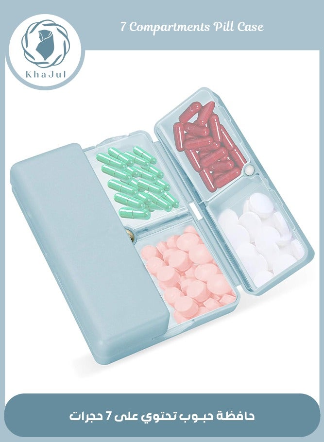 KHAJUL 7 Compartments Portable Pill Case Travel Pill Organizer, Daily Pill Organizer, Folding Design Pill Box for Purse Pocket to Hold Vitamins, Cod Liver Oil, Supplements and Medication (Blue)  - Image 1