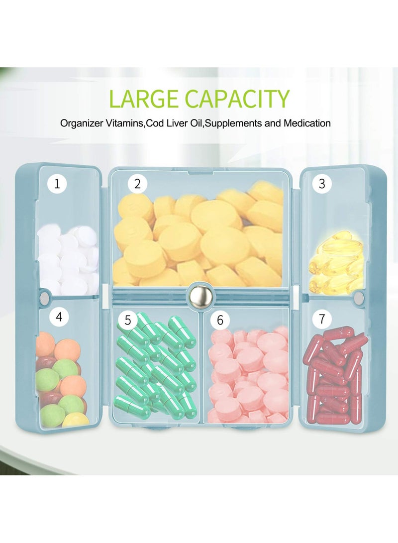 KHAJUL 7 Compartments Portable Pill Case Travel Pill Organizer, Daily Pill Organizer, Folding Design Pill Box for Purse Pocket to Hold Vitamins, Cod Liver Oil, Supplements and Medication (Blue)  - Image 4