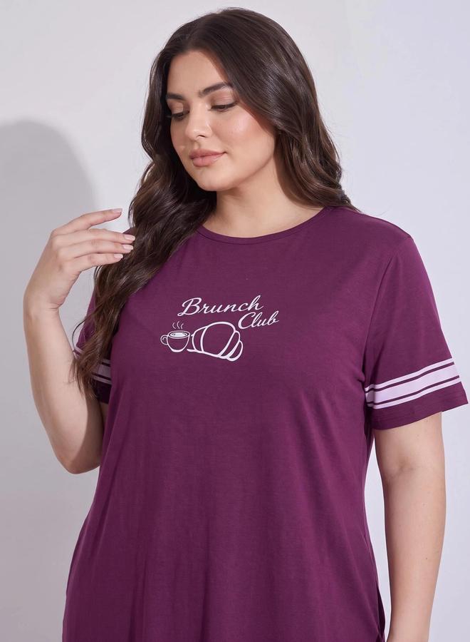 ستايلي تيشرت نوم ماكسي بعبارة Brunch Club وأكمام مخططة - Image 3